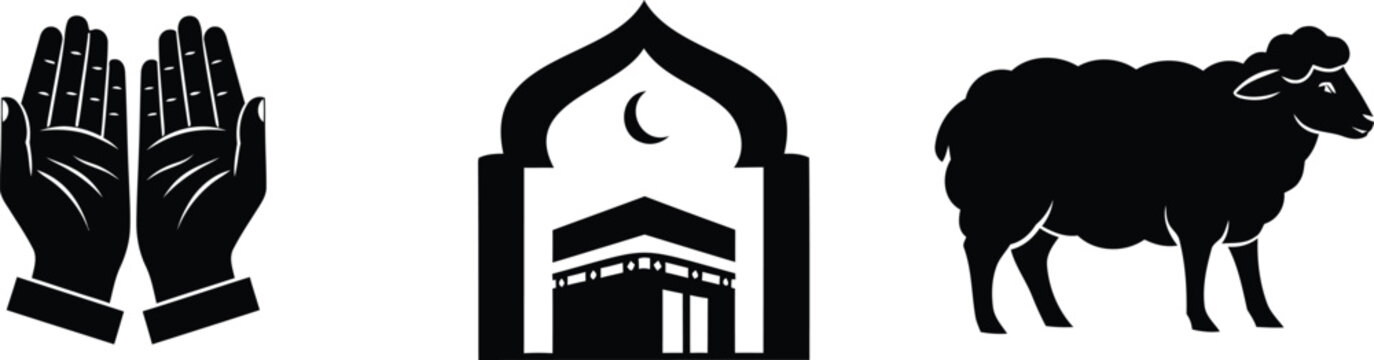 Islamic symbols including praying hands a mosque and a sheep