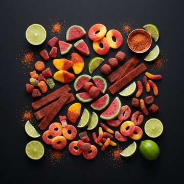  Mexican candy assortment including chamoy candies, tamarind strips, and spicy gummies with chili powder and lime on black background. Colorful and appetizing snack concept.