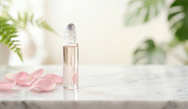 Blank glass essential oil roller bottle mockup with rose petals and spa bokeh