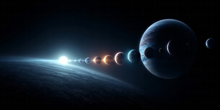 Celestial bodies orbit a luminous star in a dark cosmic expanse.