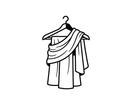 Black and white outline of Ihram clothing draped on a clothes hanger