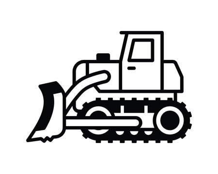 Black and white vector icon of a bulldozer machine with a front blade and crawler tracks.
