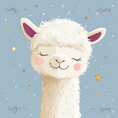 Fototapeta premium fluffy white alpaca with closed eyes and rosy cheeks smiling peacefully on a starry pastel blue background