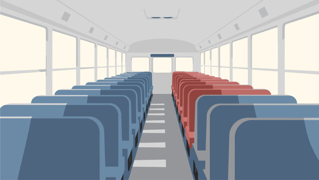 Interior of a school bus with blue and red seats, large windows along the sides, and a central aisle, viewed from the rear.