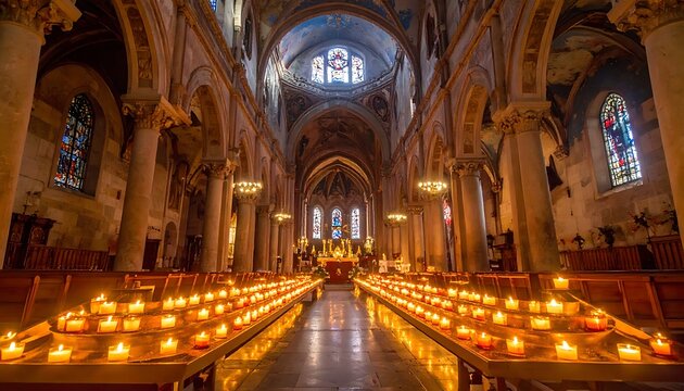 A serene and peaceful church interior with rows of candles