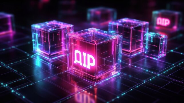 Vibrant futuristic scene of multiple glowing translucent neon cubes with alphanumeric symbols on a luminous digital grid, reflecting pink and cyan light, energetic high-tech atmosphere