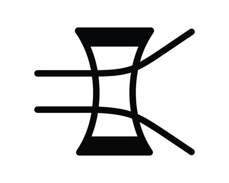 Black line art icon of a diverging optical lens with light rays diverging after passing through.