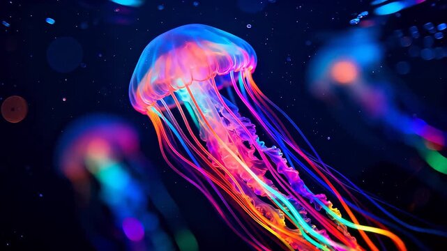 Colorful jellyfish with long tentacles floating in dark water