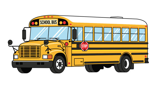 Illustration of a yellow school bus with black stripes and a red stop sign on a white background.
