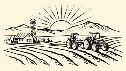 Vintage style illustration of a tractor in a rural landscape at sunset © Rupa