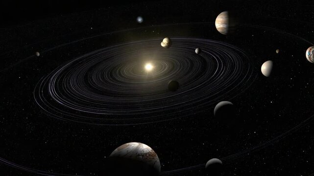Solar system model showing planets orbiting a bright central star in space