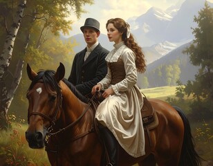 Obraz premium Elegantly Attired Couple Horseback Riding in Nature's Serene Embrace Depicted in Artwork