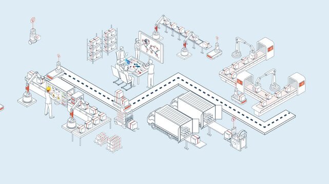 Smart AI Logistics System Managing Global Supply Chain and Automated Guided Vehicle. Isometric 4K Animation