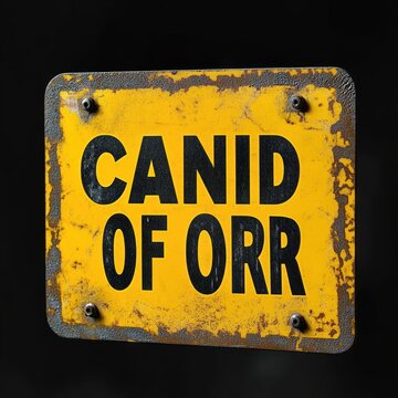 weathered yellow metal sign with bold black lettering reading CANID OF ORR, rusted edges, four bolts and chipped paint conveying a gritty nostalgic industrial mood