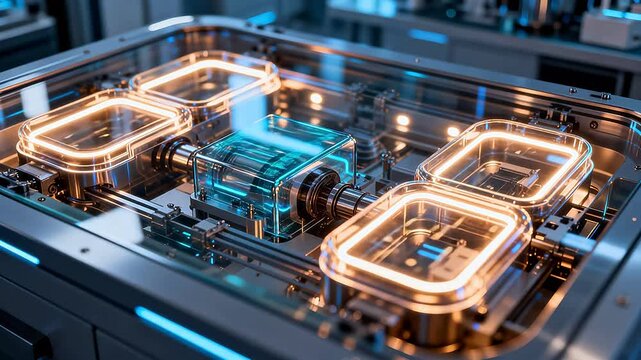 Modern automated machine with glowing orange and blue lights in high tech laboratory