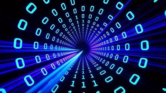 Binary code tunnel with glowing numbers