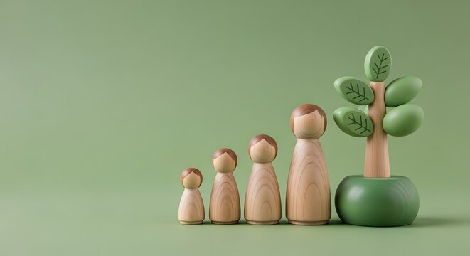 Wooden family figures arranged sequentially next to a stylized wooden tree symbolizing generational growth and environmental sustainability