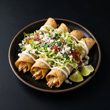 flautas or taquitos with shredded chicken, topped with crema, lettuce, cheese, and salsa on black background.