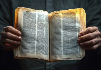 Fototapeta premium Hands holding an open worn book with yellowed pages illuminated by warm light, evoking reverence and quiet reflection