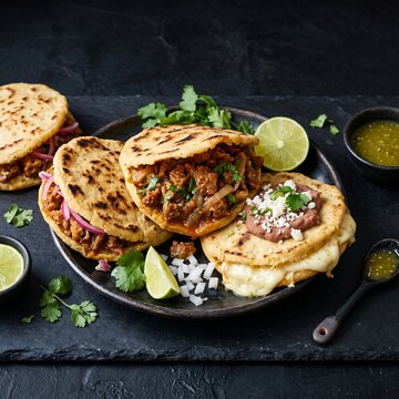 gorditas stuffed with chicharron or cheese on black background.