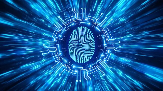 Biometric fingerprint scan with glowing circuit ring and dark digital background