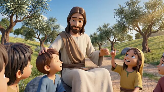 Jesus Teaching Children Outdoors - This cartoon-style video depicts Jesus sitting outdoors surrounded by children, perhaps teaching them or telling a story.