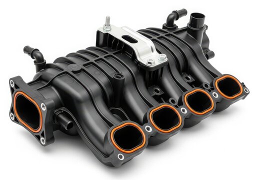 A close-up view of a black and orange intake manifold for a vehicle engine isolated on white background