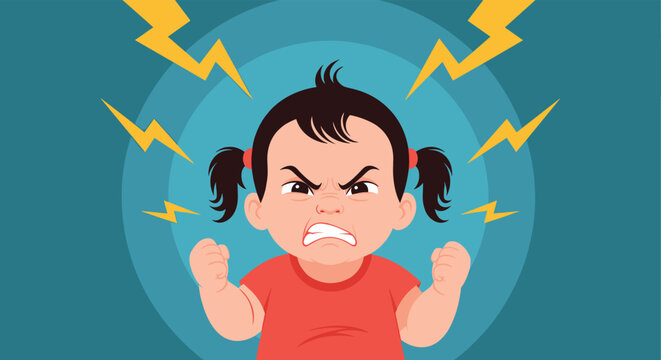 Angry baby girl with pigtails showing a fierce expression with clenched fists and yellow lightning bolts in background.