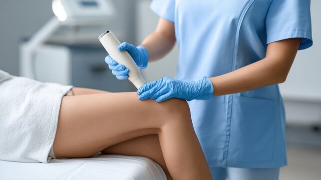 Nurse performing vascular ultrasound on patient leg in clinic. Peripheral vascular disease concept, blood circulation check, medical diagnosis, healthcare treatment, Doppler scan procedure