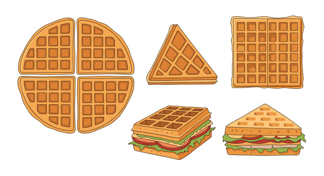Selection of Belgian waffles in various shapes including round pieces and triangular sandwiches filled with fresh vegetables.