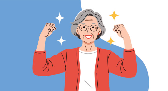 Energetic elderly woman with gray hair and glasses flexing both arms to show strength and vitality against a blue and white background.