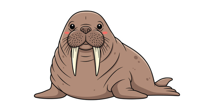 Friendly brown walrus with long tusks and whiskers sitting against a white background while showing a small smile.