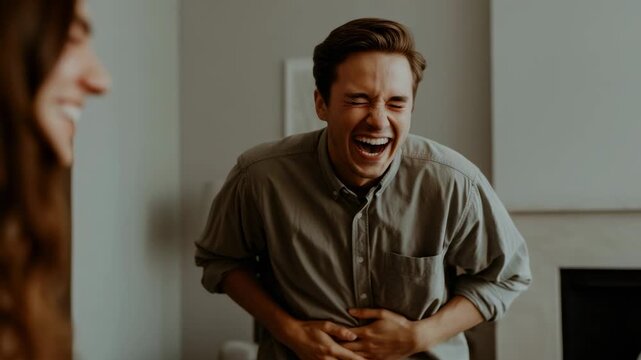 Man laughing heartily while holding his stomach indoors