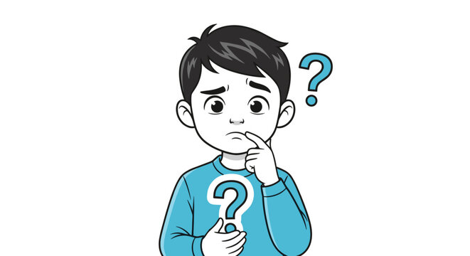 Confused young boy in a blue sweater with blue question marks around him while looking thoughtful and unsure.