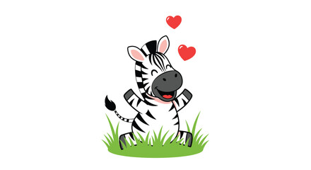 Naklejka premium Adorable cartoon zebra character sitting in green grass with red hearts above its head representing love and happiness.
