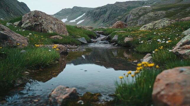 A tranquil mountain lake reflecting a clear sky, fed by a small creek flowing through rocky terrain and lush greenery with distant snow-capped peaks.