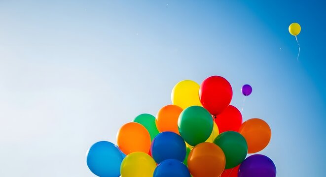 Colorful balloons ascending into a bright blue sky creating a festive atmosphere