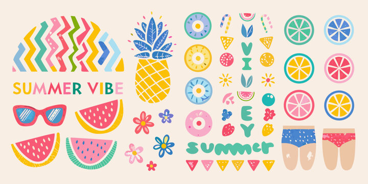 Colorful summer illustration featuring fruits accessories and beach elements