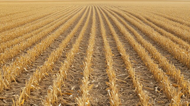 Barren Farmland Under Harsh Drought Conditions, Showing Stalks of Harvested Crops in Dry, Parched Earth