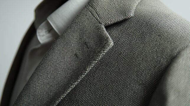 Close-up detail of a finely textured business suit jacket fabric, showcasing professional tailoring and classic formal wear.