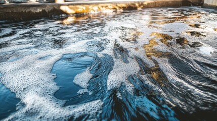 Obraz premium Contaminated industrial water with foamy surface flows in harsh sunlight near urban bridges