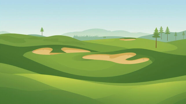 Flat vector graphic of a golf course with rolling green fairways