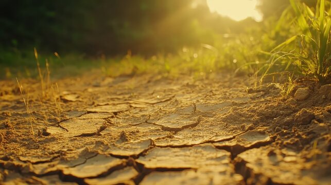 Cracked dry earth under harsh sunlight, illustrating severe drought and arid conditions in a rural landscape