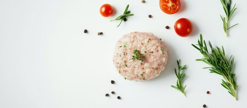 Raw Burger Patty with Fresh Rosemary, Thyme, Cherry Tomatoes, and Peppercorns on a White Background, Top View