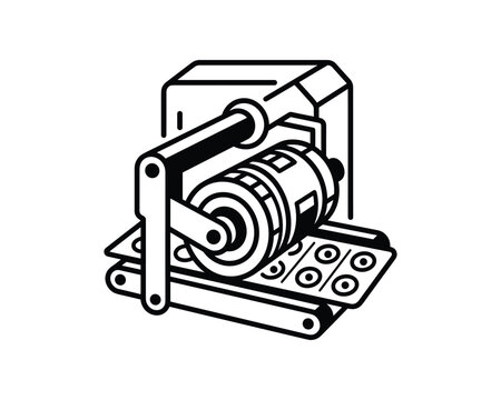 Detailed outline vector illustration of an automated blister packaging machine for industrial production.