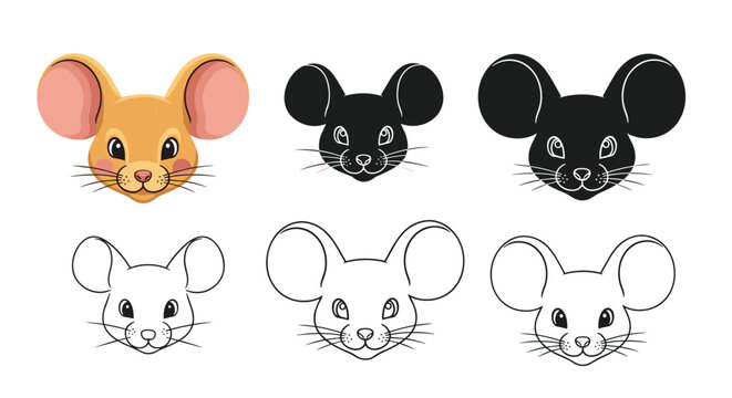 Six different mouse head designs including color, silhouette, and line art styles in a grid layout for logo design.