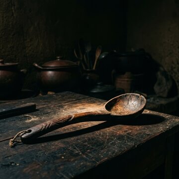 Wooden Ladle in Dramatic Lighting &ndash; Rustic Cooking Tool