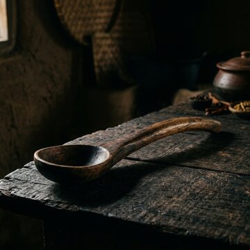 Wooden Ladle in Dramatic Lighting &ndash; Rustic Cooking Tool
