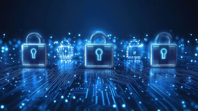 Digital security layers with glowing locks and circuits representing data encryption concepts