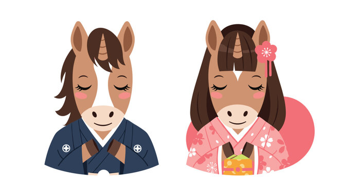 Couple of horse characters dressed in traditional Japanese kimono and hakama bowing politely for a formal greeting.